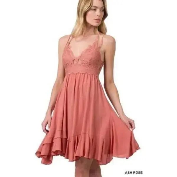 Crochet lace asymmetric ruffle trim cami dress - LECCE