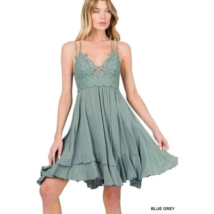 Crochet lace asymmetric ruffle trim cami dress - LECCE