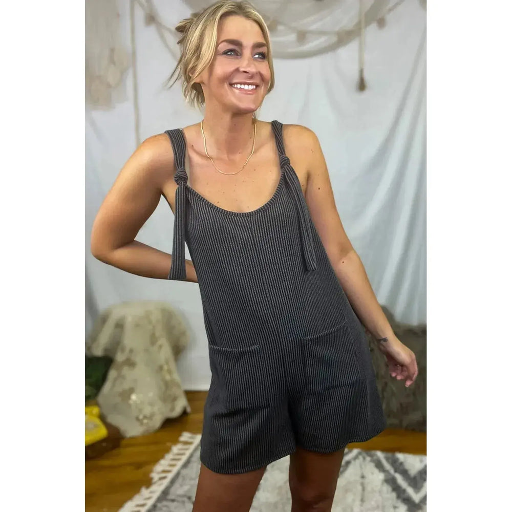 Dark Grey Striped Print Knotted Straps Pocketed Romper Dear lover