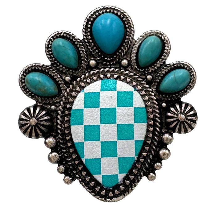 Checkered Print Western Teardrop Flower Stretch Ring