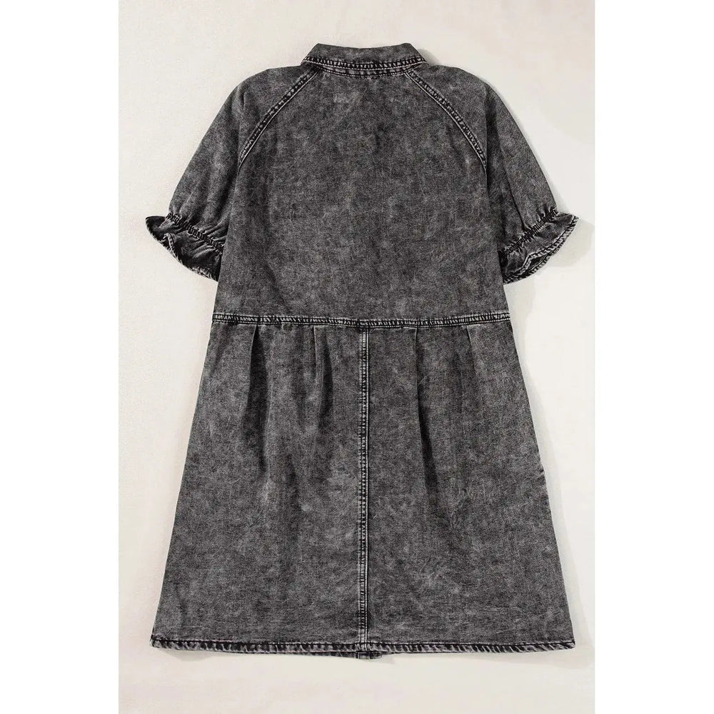 Medium Grey Mineral Wash Ruffled Short Sleeve Buttoned Denim Dress Dear lover