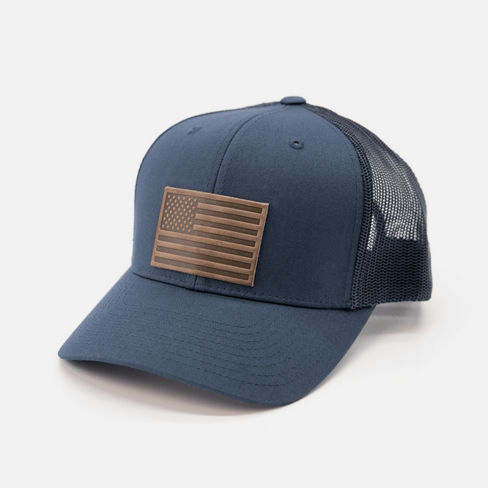 American Flag Hat | Leather Patch Trucker Hat