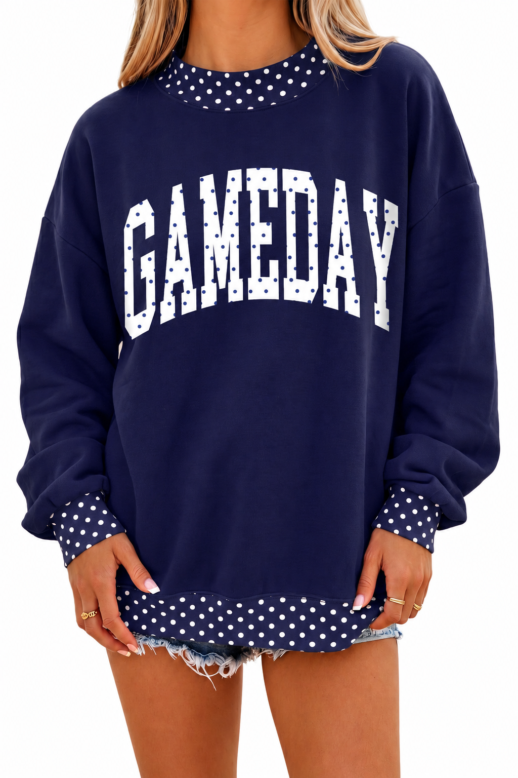Dark Blue Polka Dot Trim Game Day Letter Print Tunic Graphic Sweatshirt