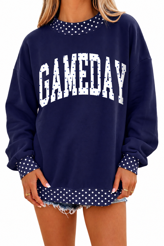 Dark Blue Polka Dot Trim Game Day Letter Print Tunic Graphic Sweatshirt on white background