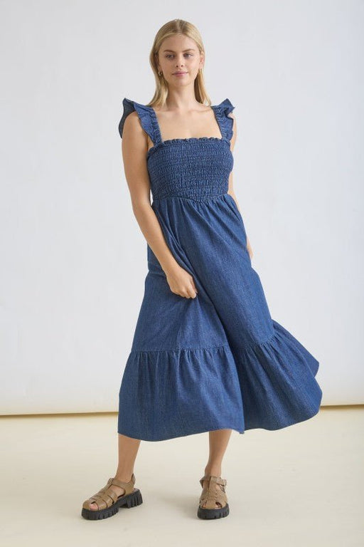 Dark Denim Ruffle Strap Smocked Midi Dress - LECCE