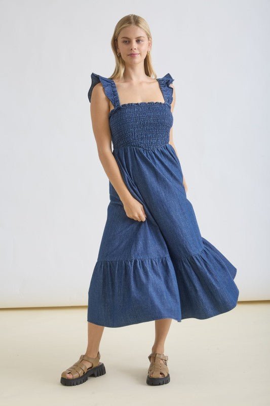 Dark Denim Ruffle Strap Smocked Midi Dress