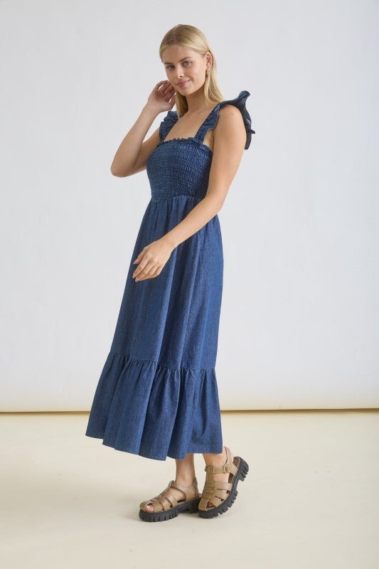 Dark Denim Ruffle Strap Smocked Midi Dress - LECCE
