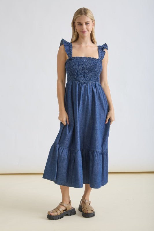 Dark Denim Ruffle Strap Smocked Midi Dress - LECCE