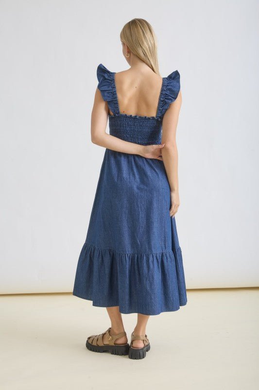 Dark Denim Ruffle Strap Smocked Midi Dress - LECCE