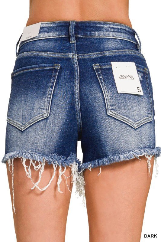 Dark Washed Raw Frayed Hem Denim Shorts - Western Boho Style