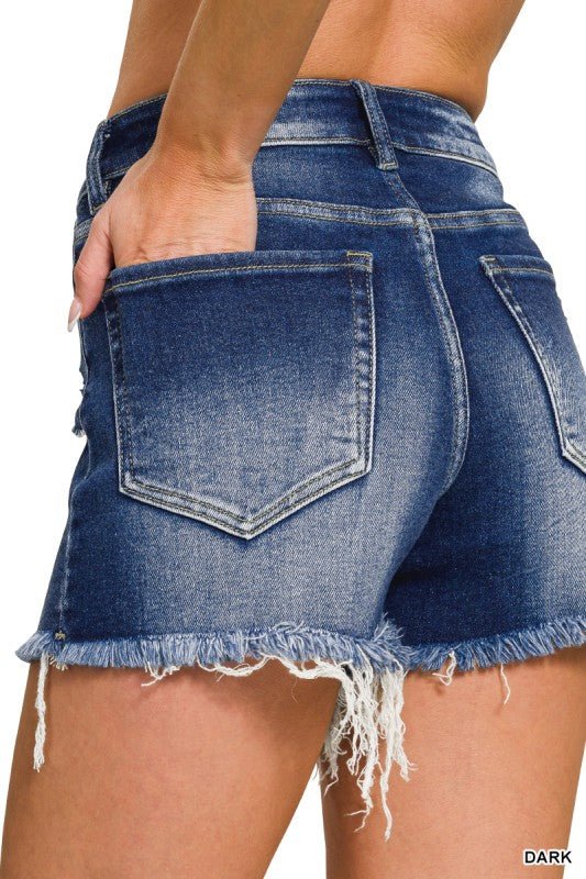 Dark Washed Raw Frayed Hem Denim Shorts - Western Boho Style - LECCE