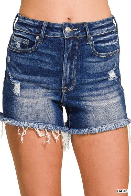 Dark Washed Raw Frayed Hem Denim Shorts - Western Boho Style - LECCE