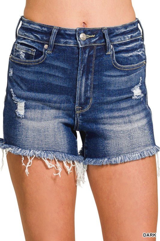 Dark Washed Raw Frayed Hem Denim Shorts - Western Boho Style - LECCE
