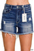 Dark Washed Raw Frayed Hem Denim Shorts - Western Boho Style - LECCE
