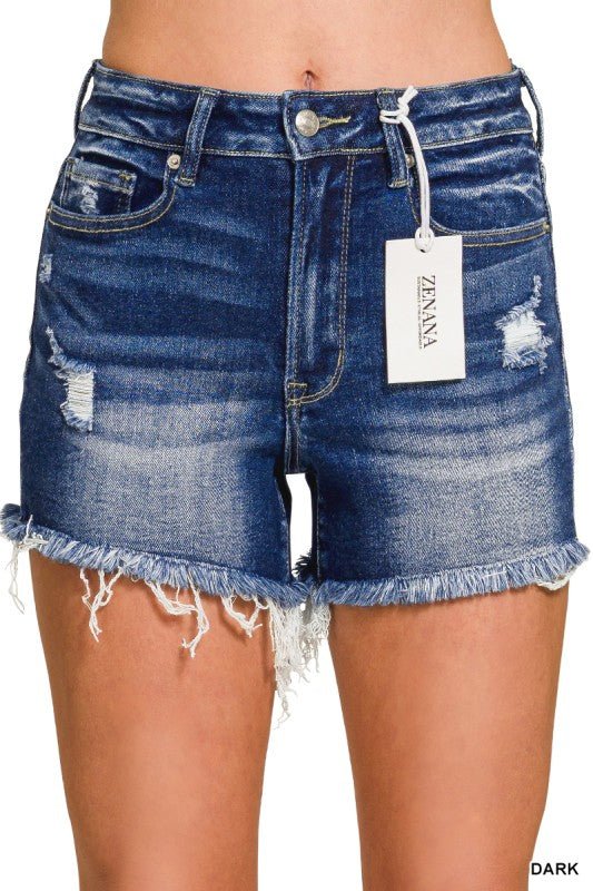 Dark Washed Raw Frayed Hem Denim Shorts - Western Boho Style
