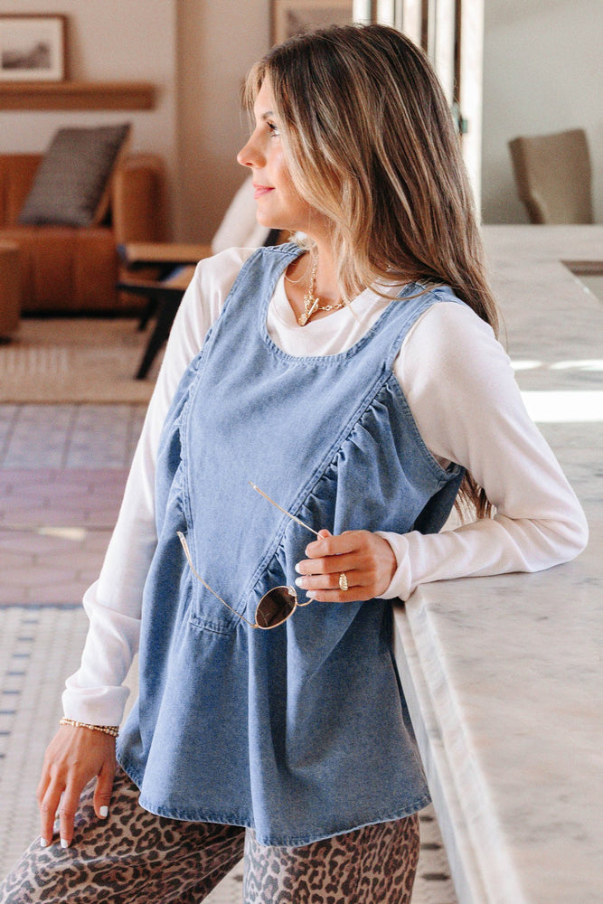 Denim Pleated Patchwork Sleeveless Top - LECCE