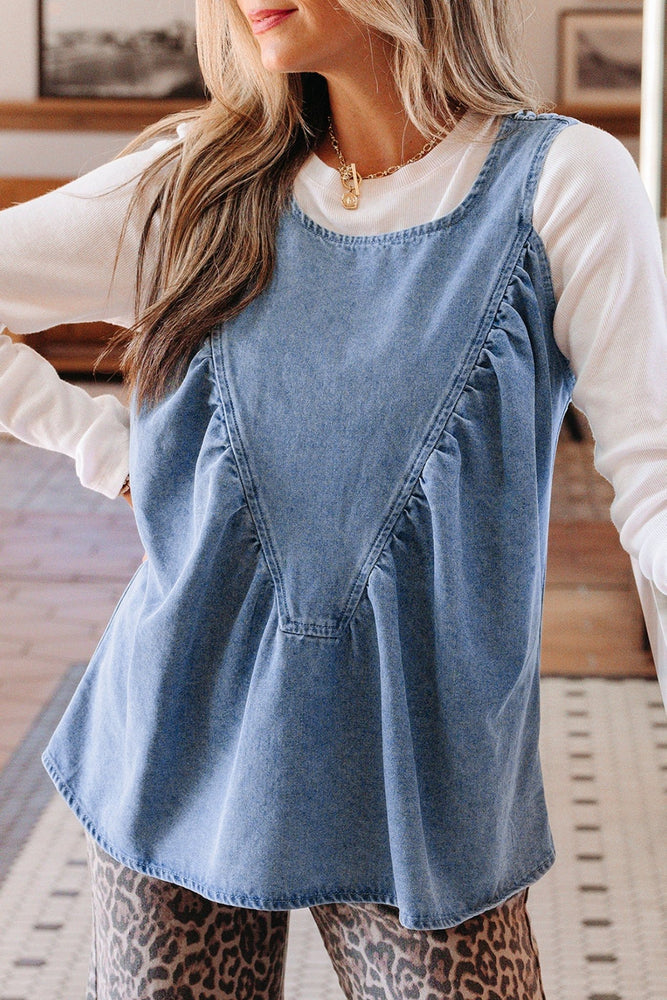 Denim Pleated Patchwork Sleeveless Top - LECCE