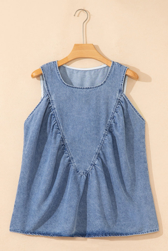 Denim Pleated Patchwork Sleeveless Top - LECCE