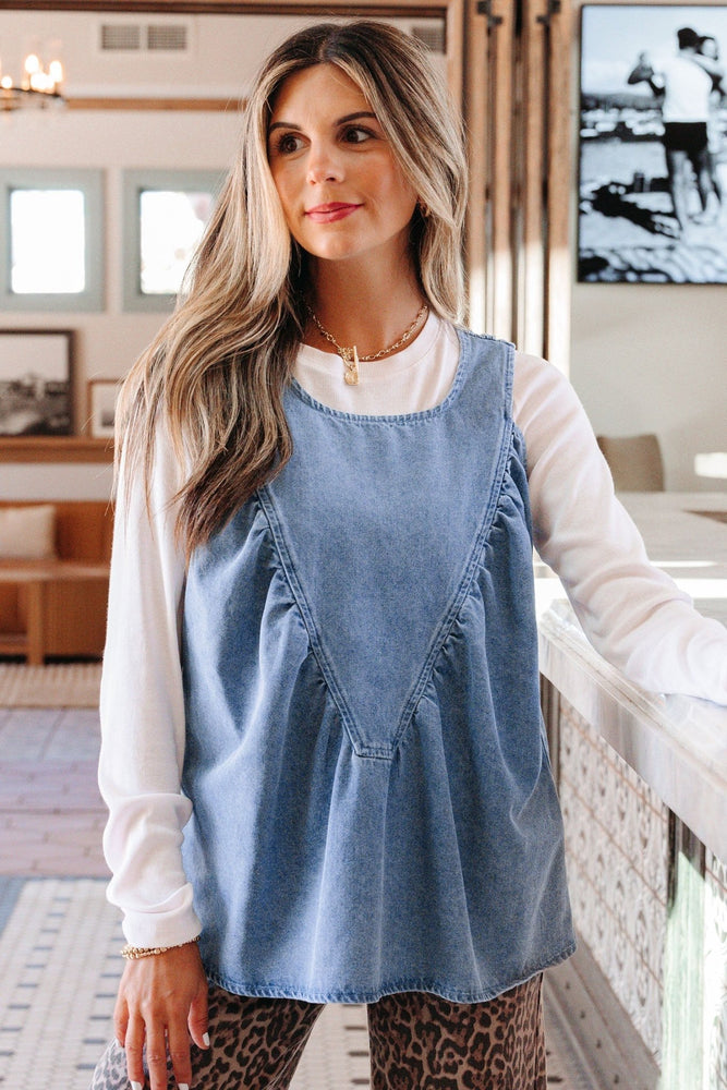 Denim Pleated Patchwork Sleeveless Top - LECCE
