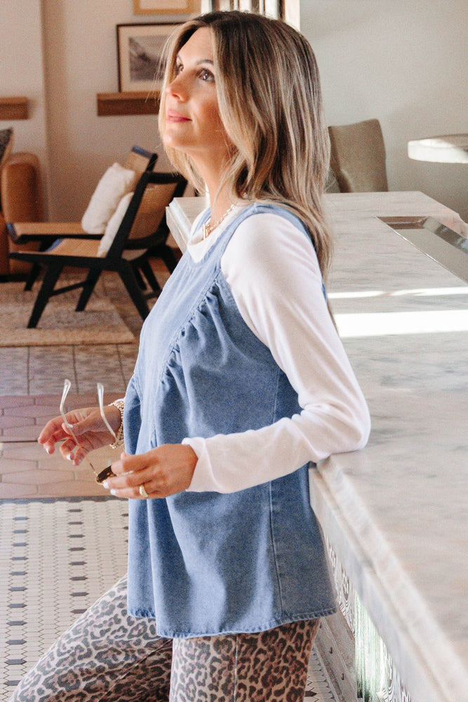 Denim Pleated Patchwork Sleeveless Top - LECCE
