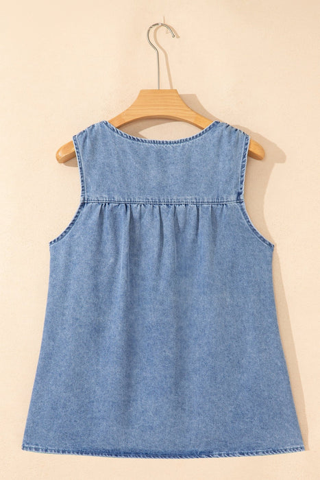 Denim Pleated Patchwork Sleeveless Top - LECCE