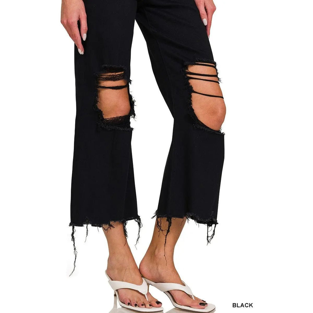 Distressed Knee Flare Crop High - waist Pants - LECCE