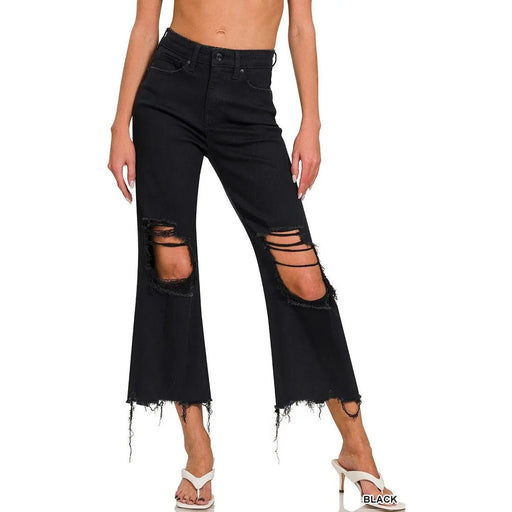 Distressed Knee Flare Crop High - waist Pants - LECCE