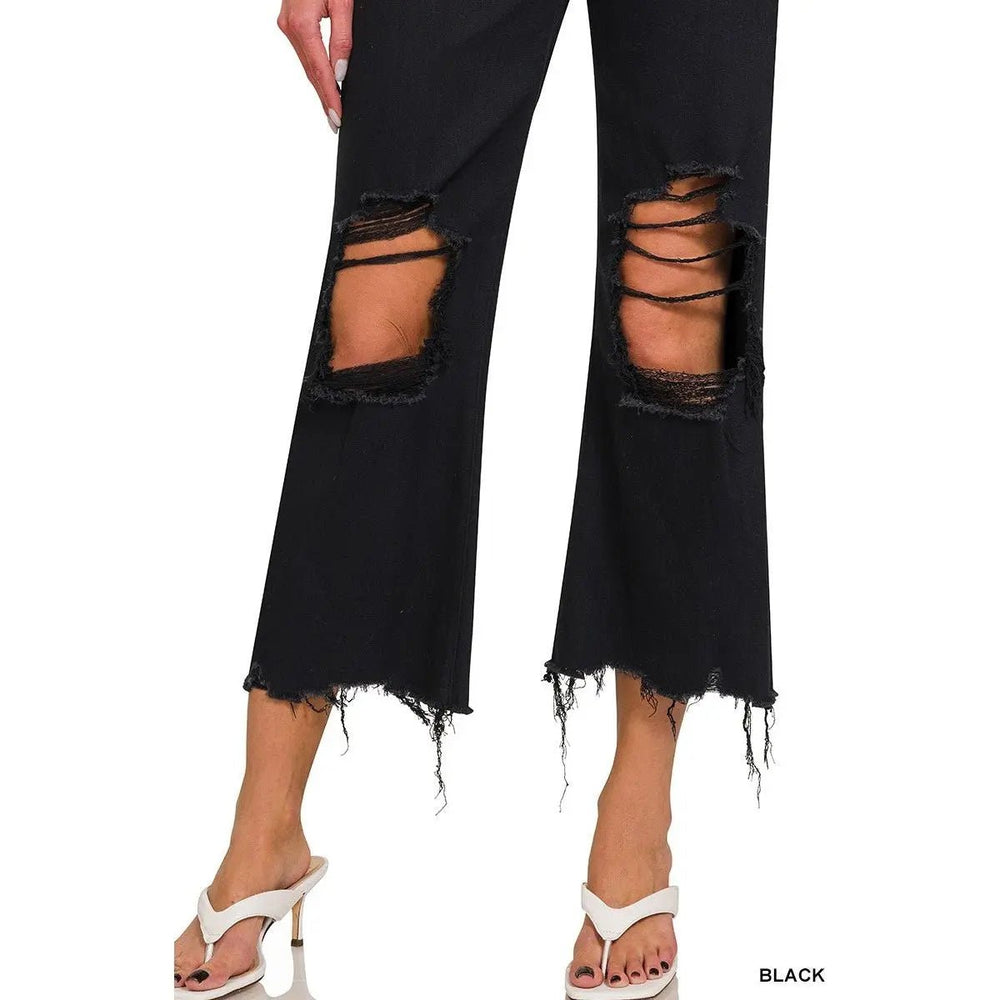 Distressed Knee Flare Crop High - waist Pants - LECCE