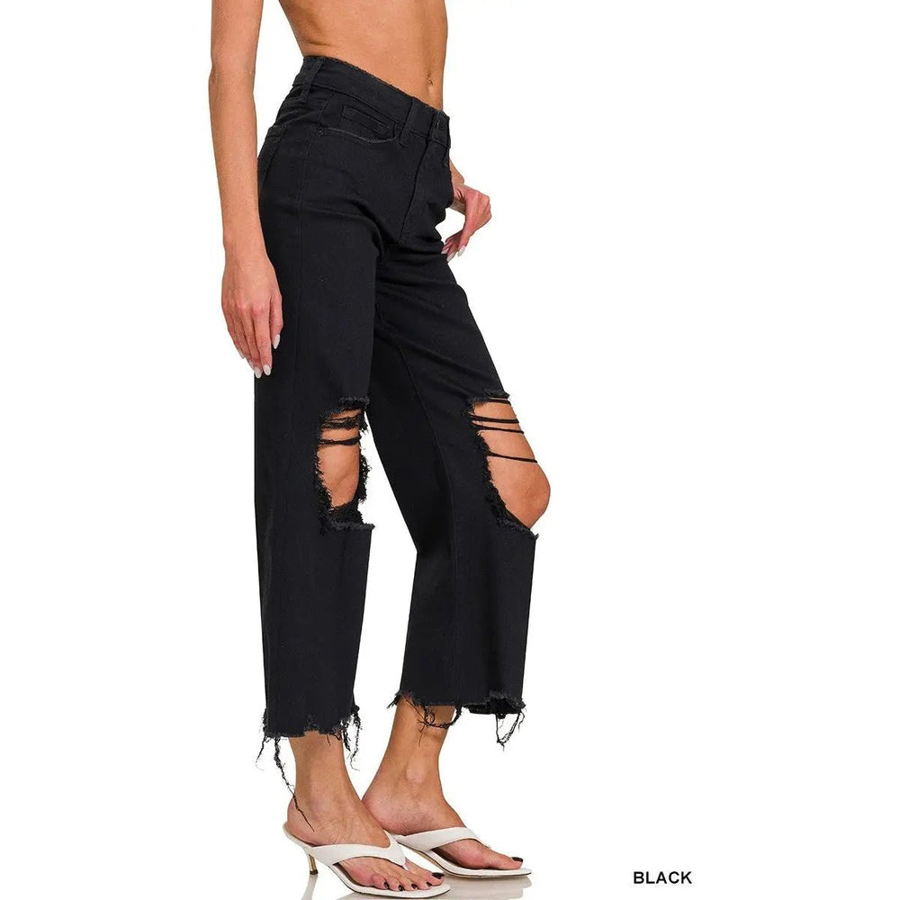 Distressed Knee Flare Crop High - waist Pants - LECCE