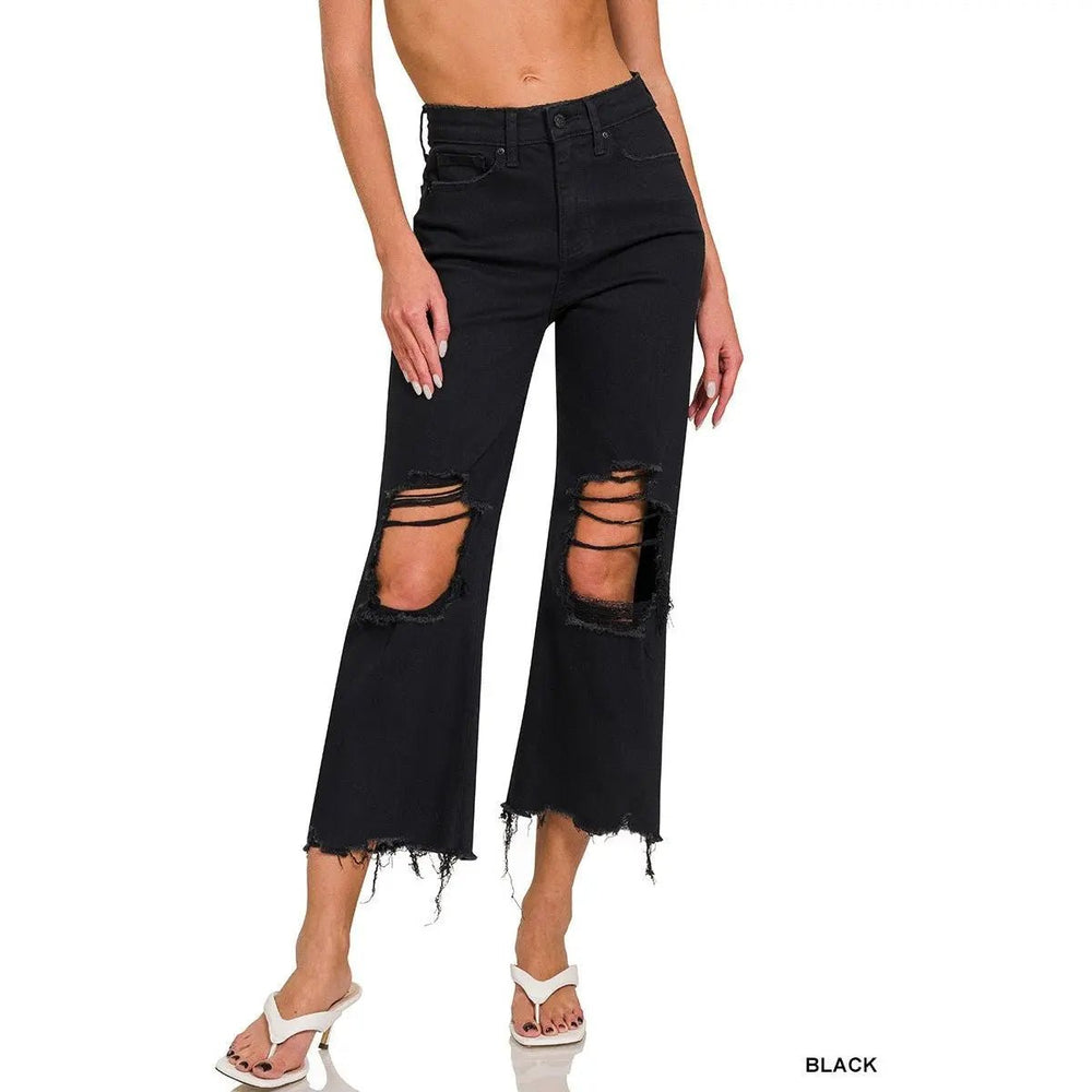 Distressed Knee Flare Crop High - waist Pants - LECCE