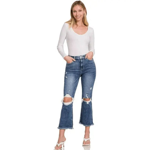 Distressed Knee Flare Denim Pants - LECCE