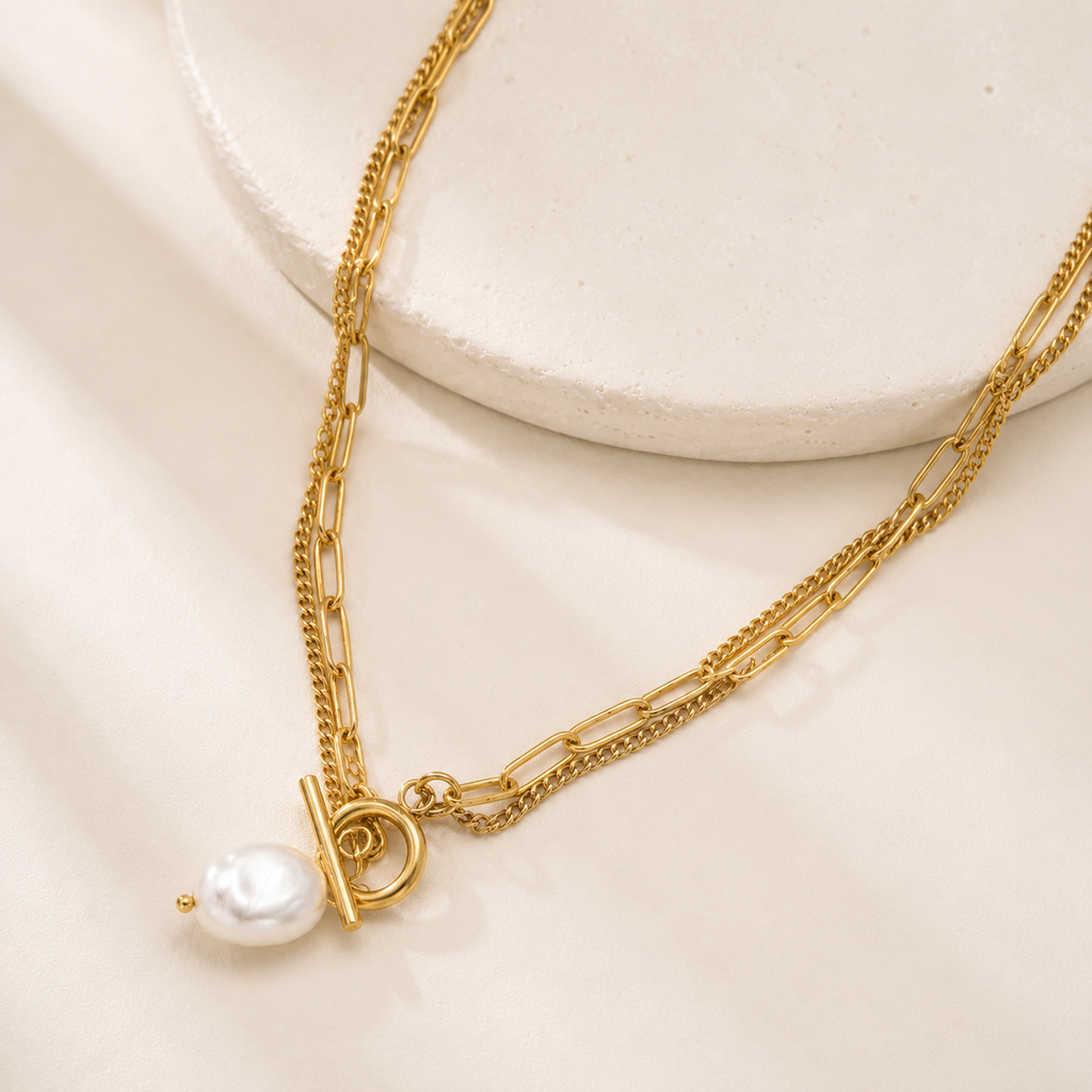 18K Gold Double Layer Pearl Drop Toggle Necklace