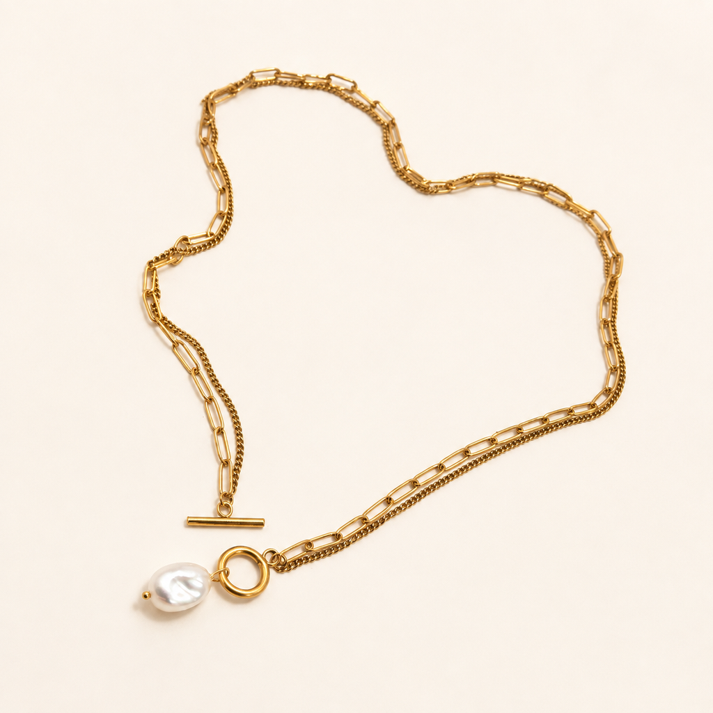 18K Gold Double Layer Pearl Drop Toggle Necklace