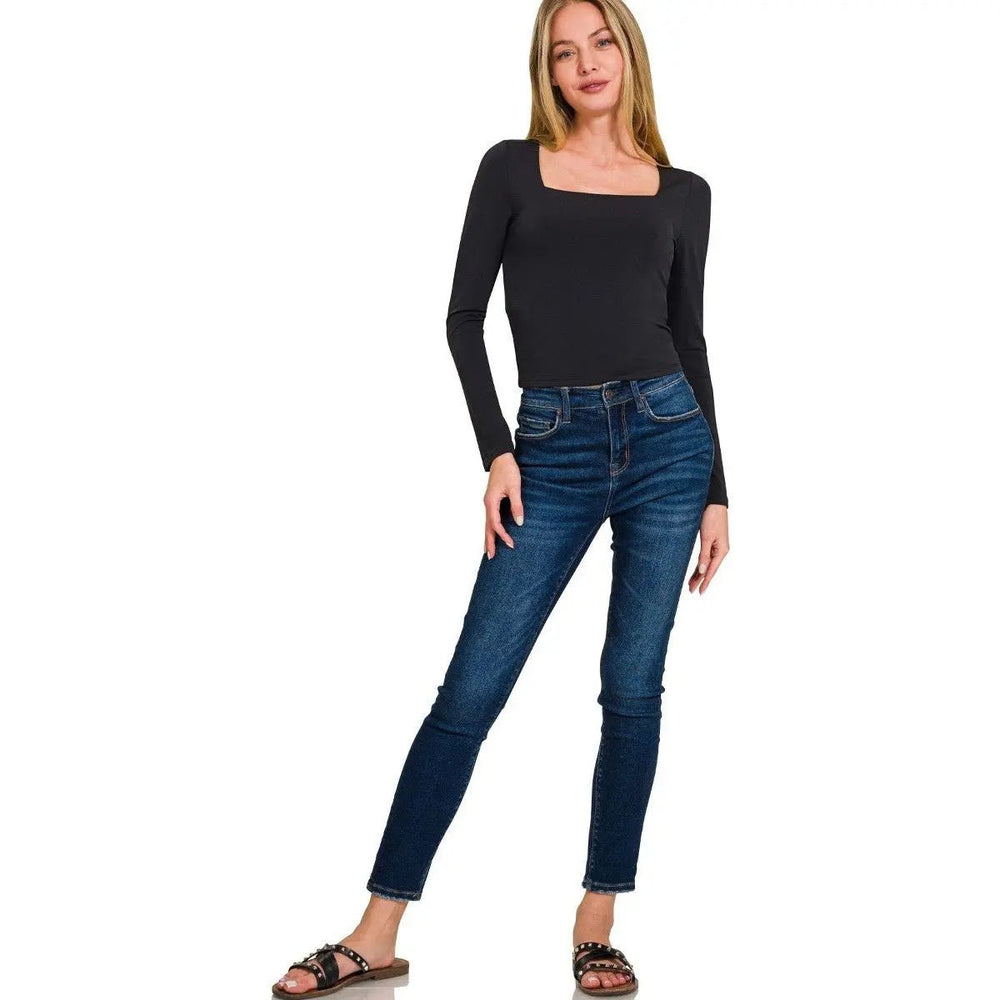 Double Layered Square Neck Fitted Long Sleeve Top - LECCE