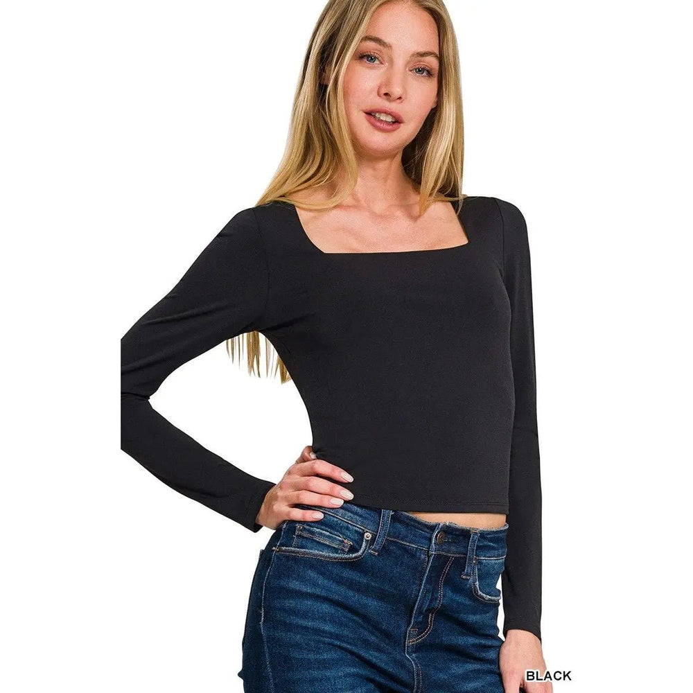 Double Layered Square Neck Fitted Long Sleeve Top - LECCE