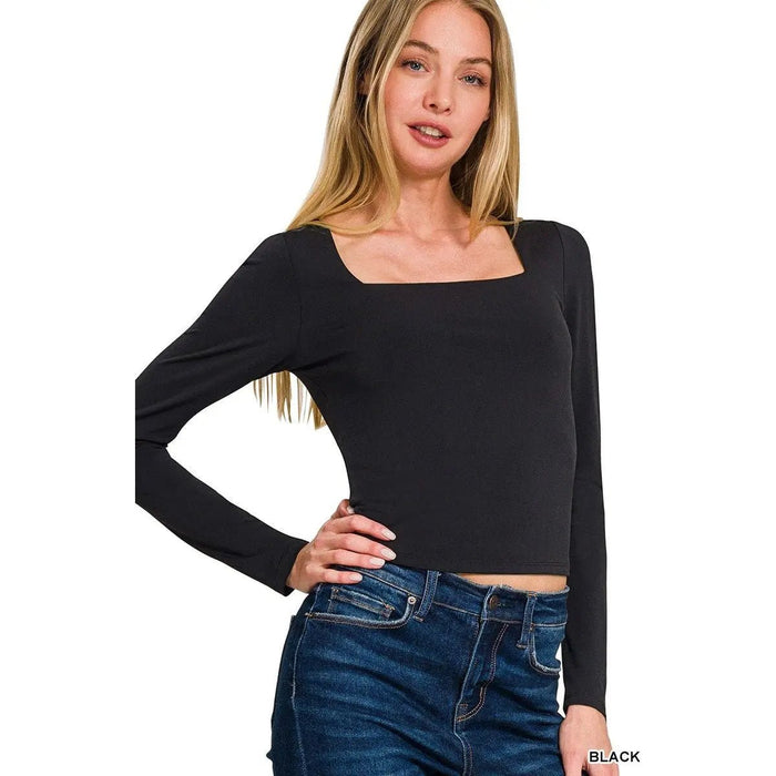 Double Layered Square Neck Fitted Long Sleeve Top - LECCE