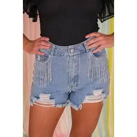 Frayed Rhinestone Denim Shorts