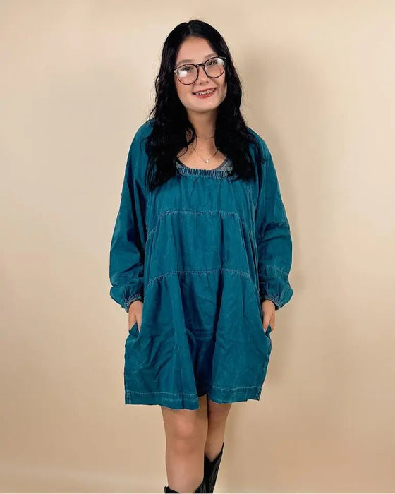 Dusk Blue Square Neck Side Pockets Loose Fit Denim Mini Dress - LECCE