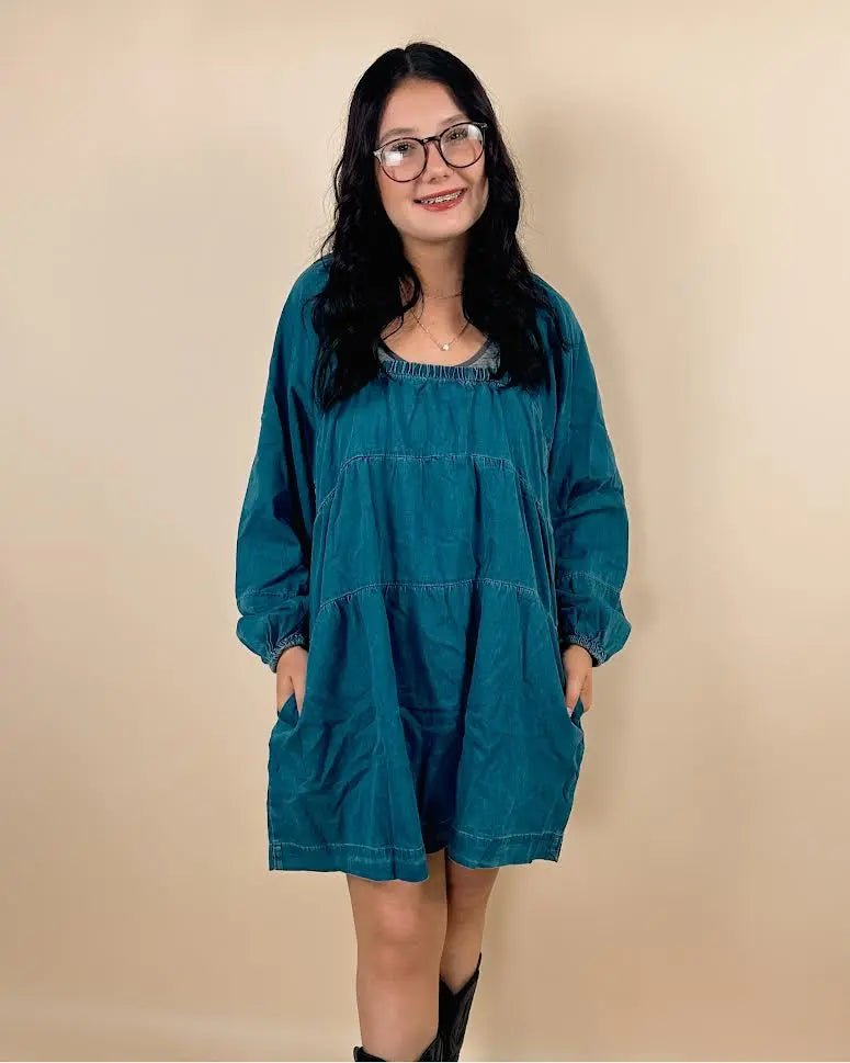 Dusk Blue Square Neck Side Pockets Loose Fit Denim Mini Dress - LECCE