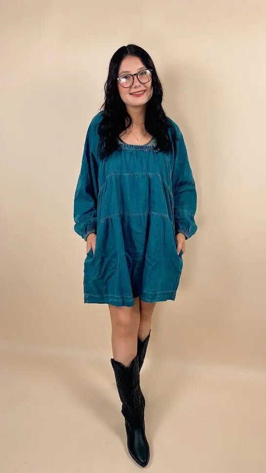 Dusk Blue Square Neck Side Pockets Loose Fit Denim Mini Dress