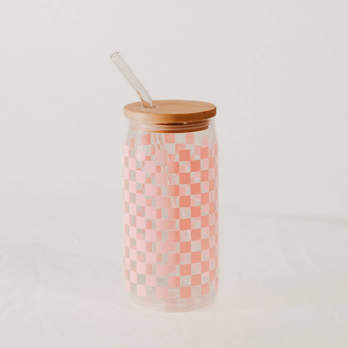Pink Checkered 17 oz Can Glass w/ Straw and Lid - Decor