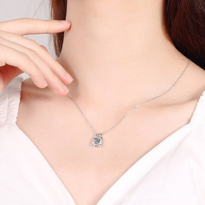 Sterling Silver Moissanite Heart Lock Charm Necklace