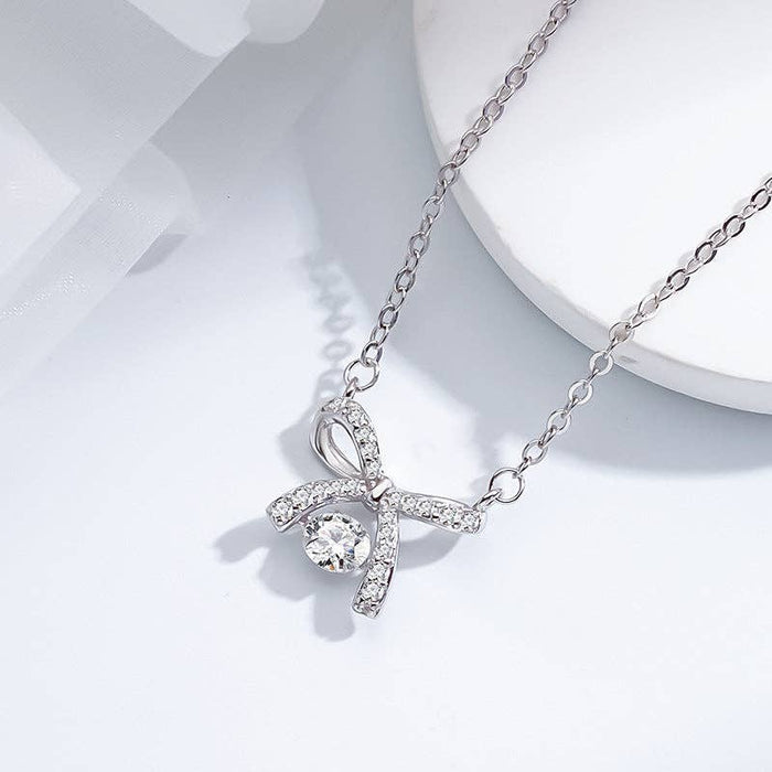 Bow Bowknot Dancing Stone Necklace in 925 Sterling Silver