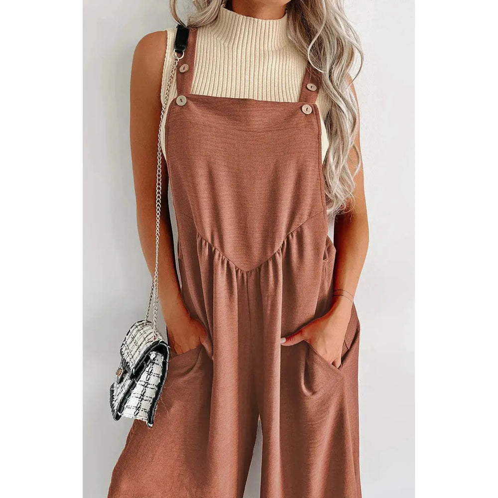 Gold Flame Textured Buttoned Straps Ruched Wide Leg Jumpsuit Dear lover