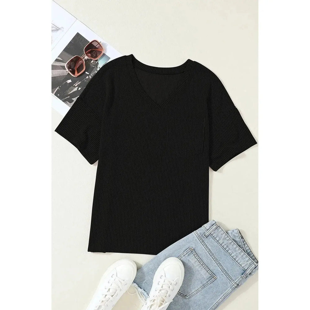 Black Corded V Neck Chest Pocket Loose T-shirt