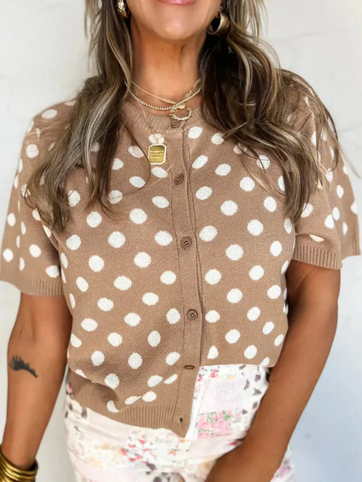 Dark Khaki Polka Dot Short Sleeve Button Down Sweater Cardigan