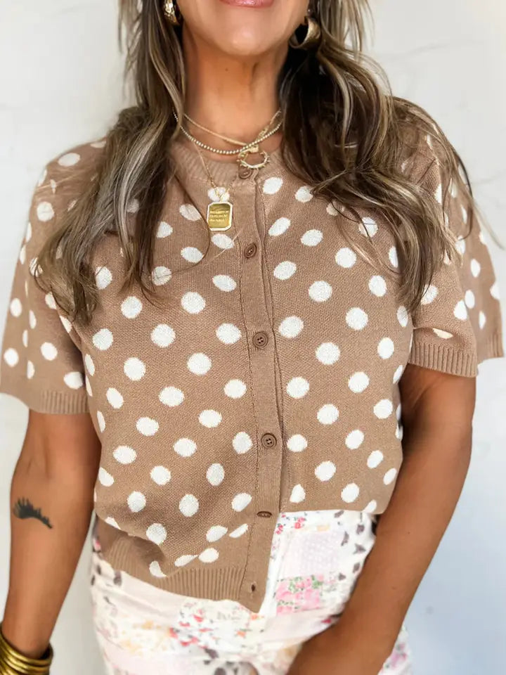 Dark Khaki Polka Dot Short Sleeve Button Down Sweater Cardigan