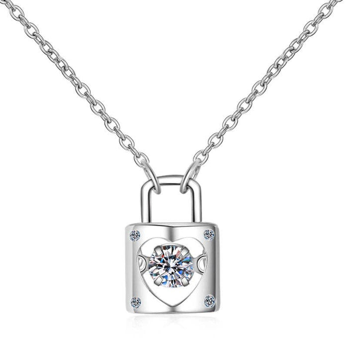 Sterling Silver Moissanite Heart Lock Charm Necklace