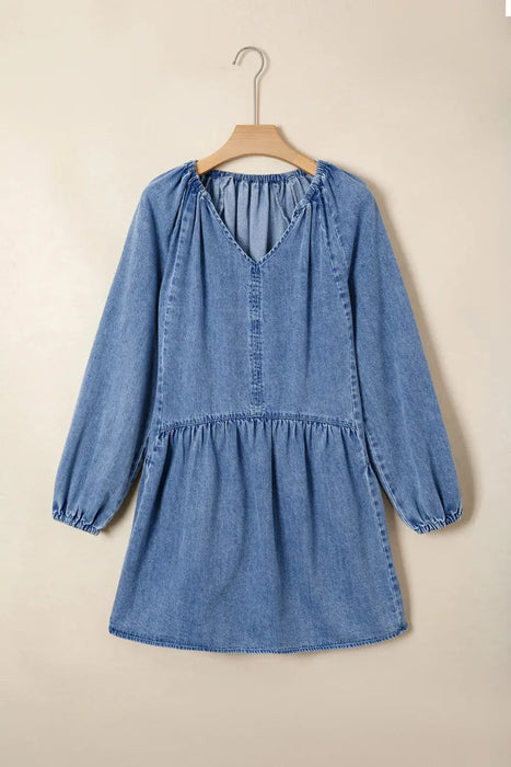 Puff Sleeve V Neck Ruffled Denim Dress Dear lover