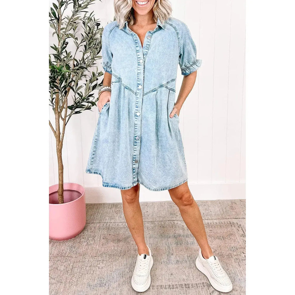 Beau Blue Mineral Wash Ruffled Short Sleeve Buttoned Denim Dress